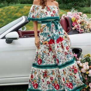 Floral Print Off Shoulder Ruffle Hem Belted Dress